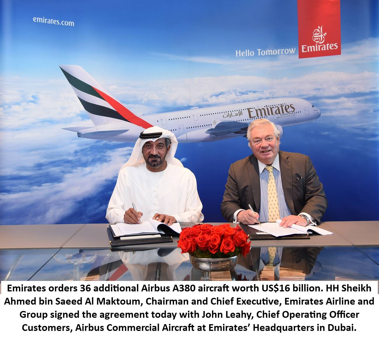 Emirates orders 36 A380s worth US$ 16 billion MOU for 20 firm orders and 16 options signed