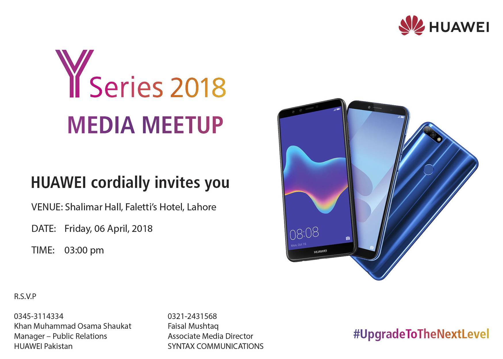 Huawei Cordially invites you at Y series 2018 Media Meet up