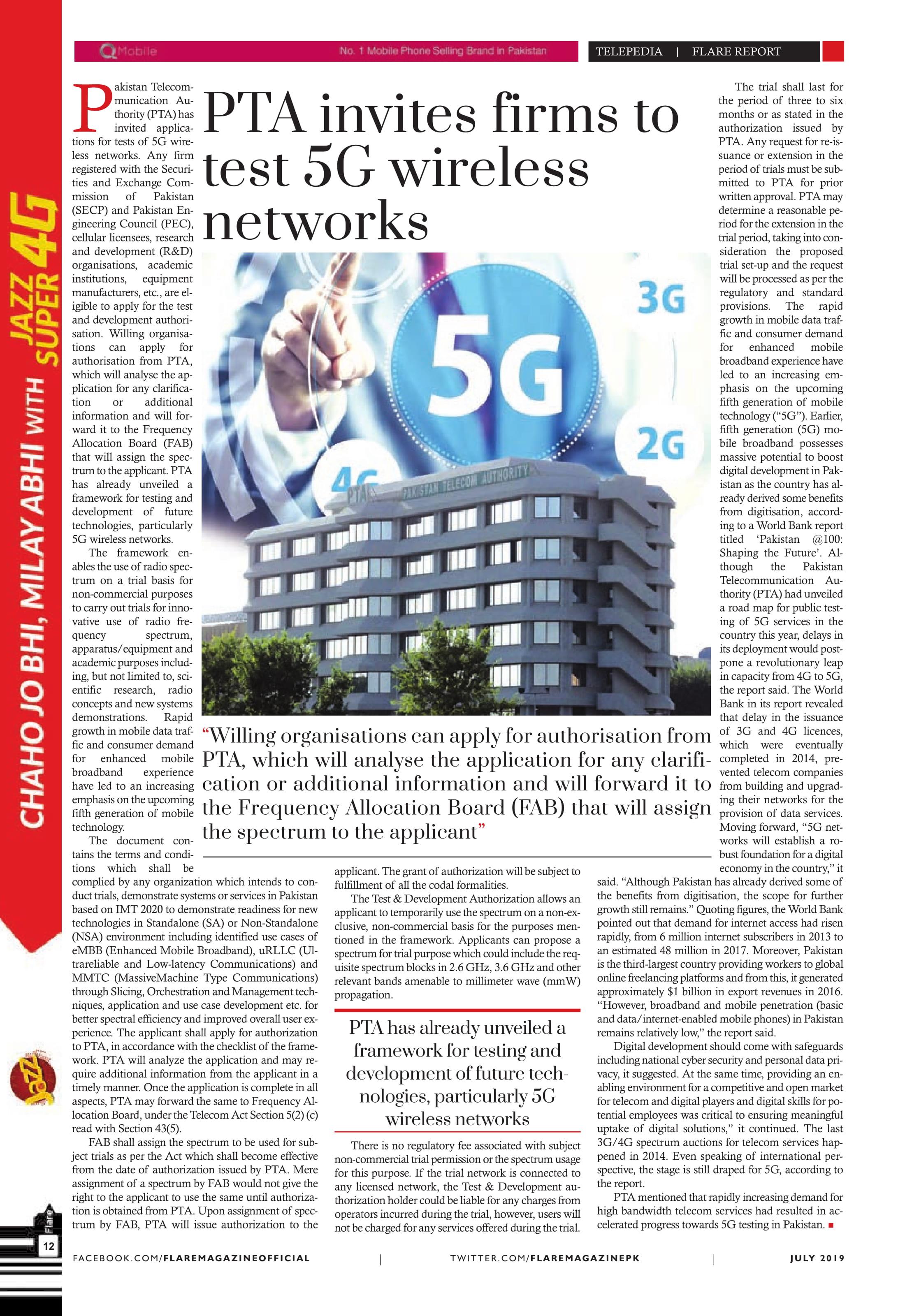 PTA invites firms to test 5G wireless Networks