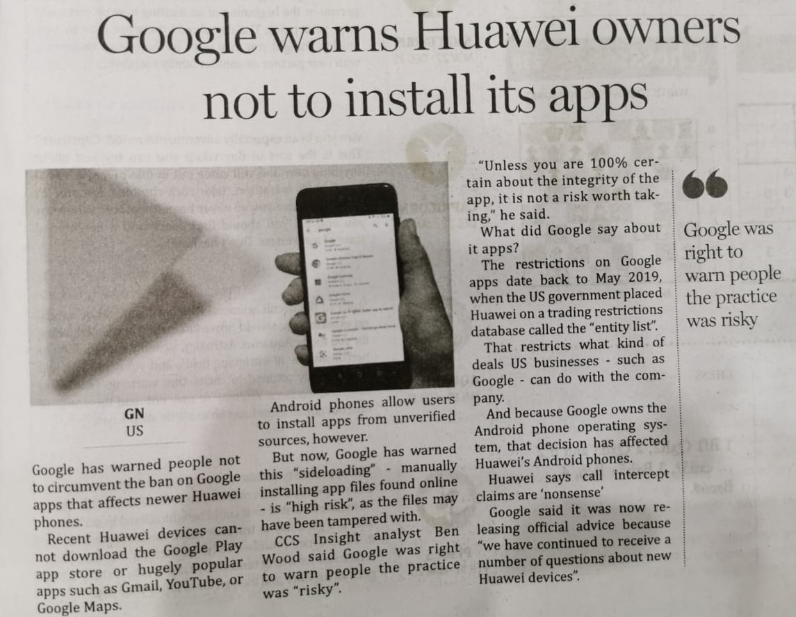 Google warns Huawei owners not to install its apps