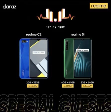 realme C2 Diamond Cut Design for Rs. 13,399 & realme 5i Quad Camera Battery King for Rs. 21,099 only on Daraz 11 11 Sale