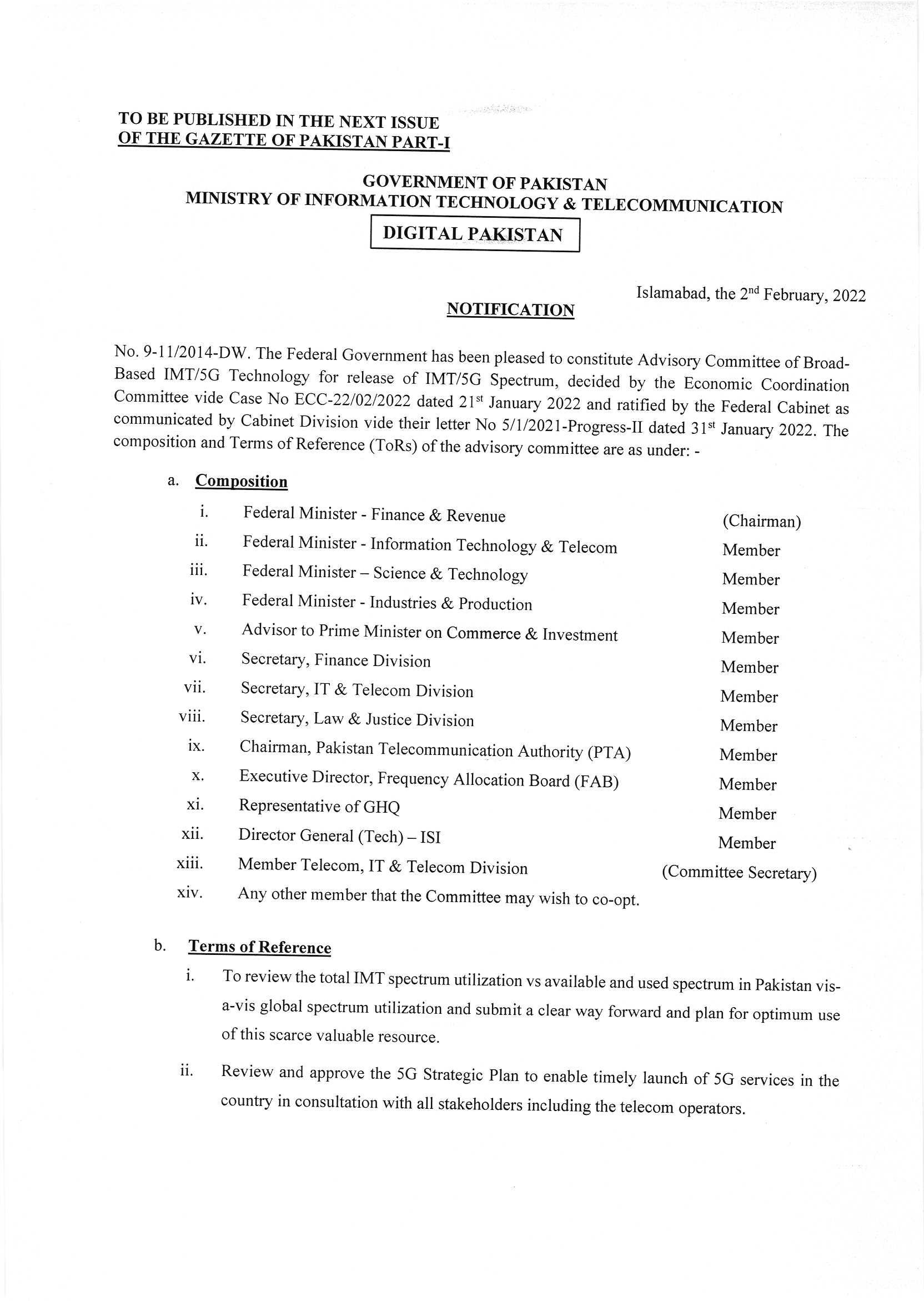Government of Pakistan, Ministry of Information Technology and Telecom