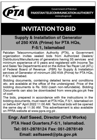 Bidding Documents For Provision & Installation of 250 KVA Generator (Prime) for PTA HQs, F-5/1, Islamabad.