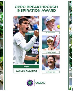 Congratulations to Carlos Alcaraz, who winsthe OPPO Breakthrough Inspiration Award at Wimbledon 2022