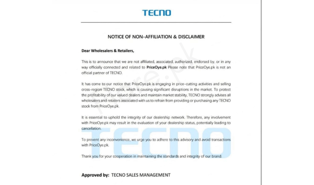 Techno Mobile Phone Announces Disassociation from priceoye.pk