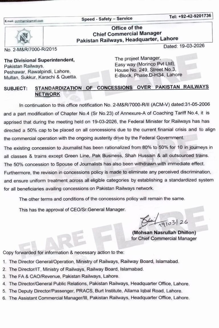 Two Decade Old Travel Perk for Journalists Scrapped by Pakistan Railways