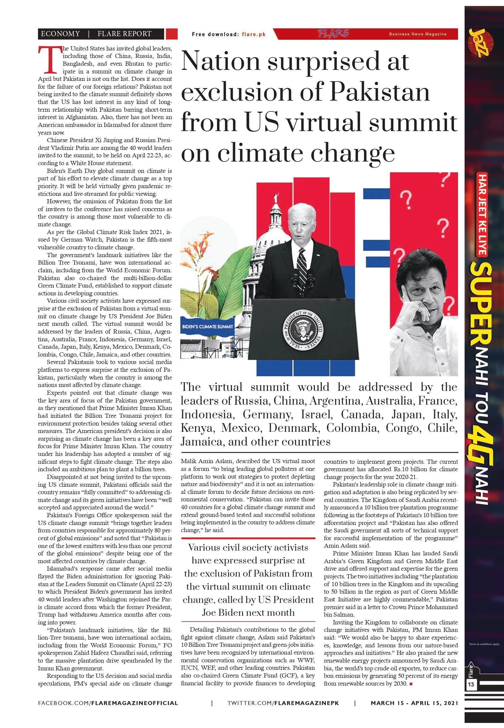 Nation surprised at exclusion of Pakistan from US virtual summit on climate change