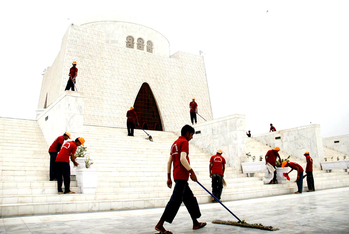 Workers Seen Busy In Cleaning The Premises Of Quaid-i-Azam Mausoleum